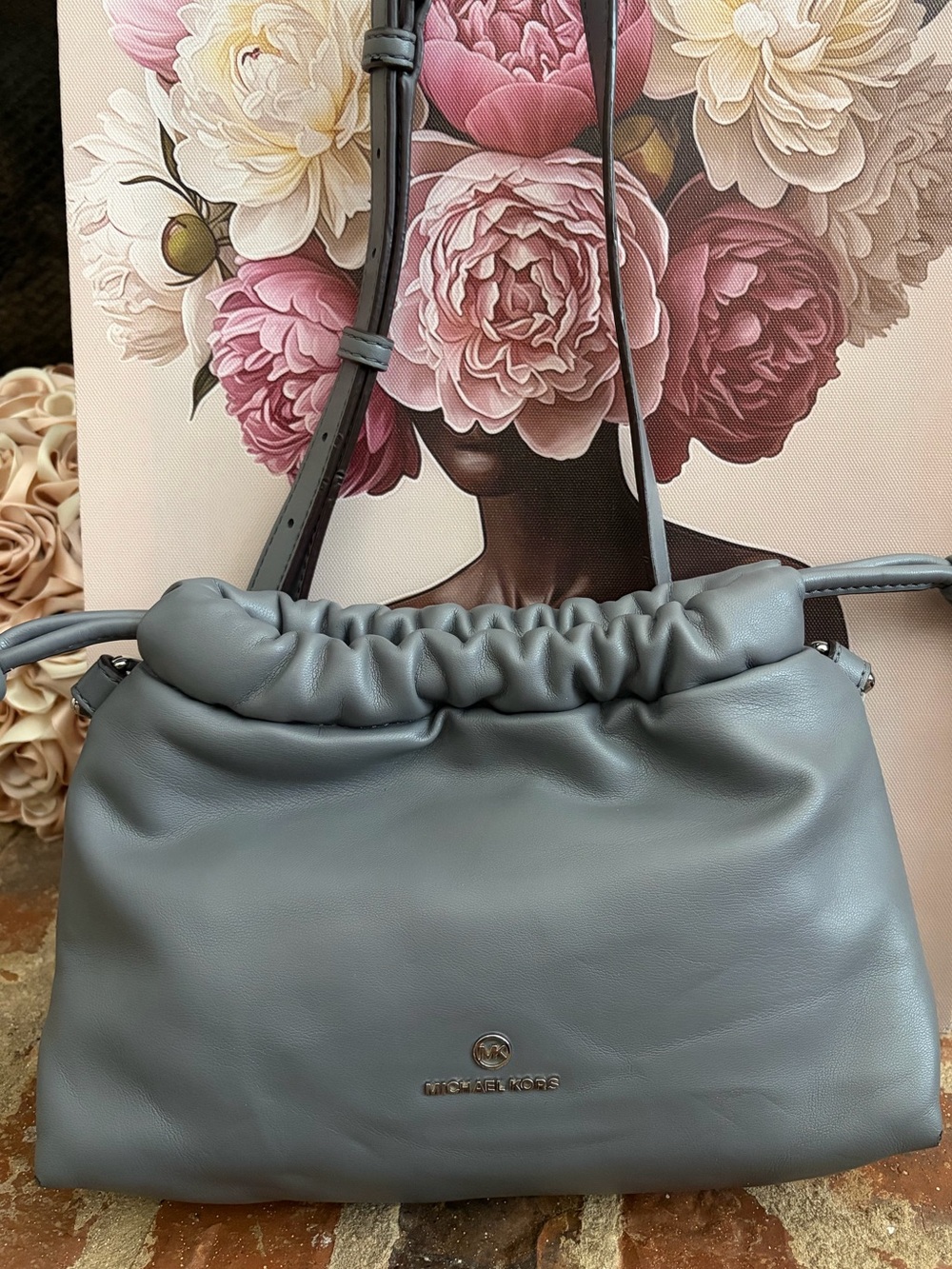 Michael Kors Gray Drawstring Leather Shoulder Bag